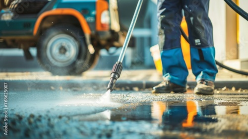 Close-up of worker cleaning driveway with gasoline high pressure washer. High pressure deep cleaning. Professional cleaning services