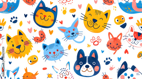 Kids seamless pattern with cute cats and dogs