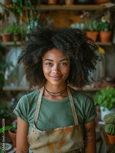 Beautiful african american woman florist in a green t-shirt and apron stands in the shop with plants on the table and scrolls the phone while working. Busy business lady taking orders online. (ID: 768625016)