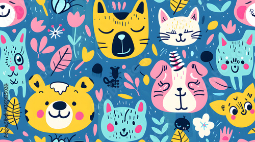 Kids seamless pattern with cute cats and dogs