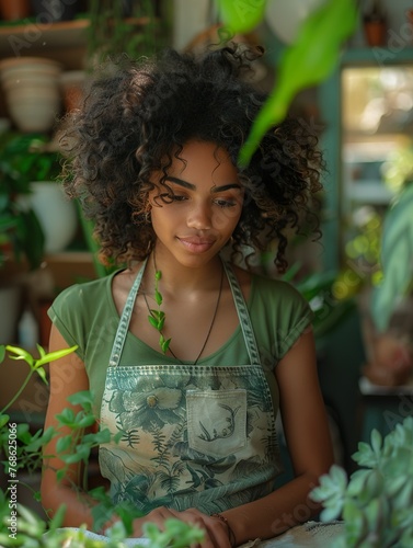 Beautiful african american woman florist in a green t-shirt and apron stands in the shop with plants on the table and scrolls the phone while working. Busy business lady taking orders online. (ID: 768625066)