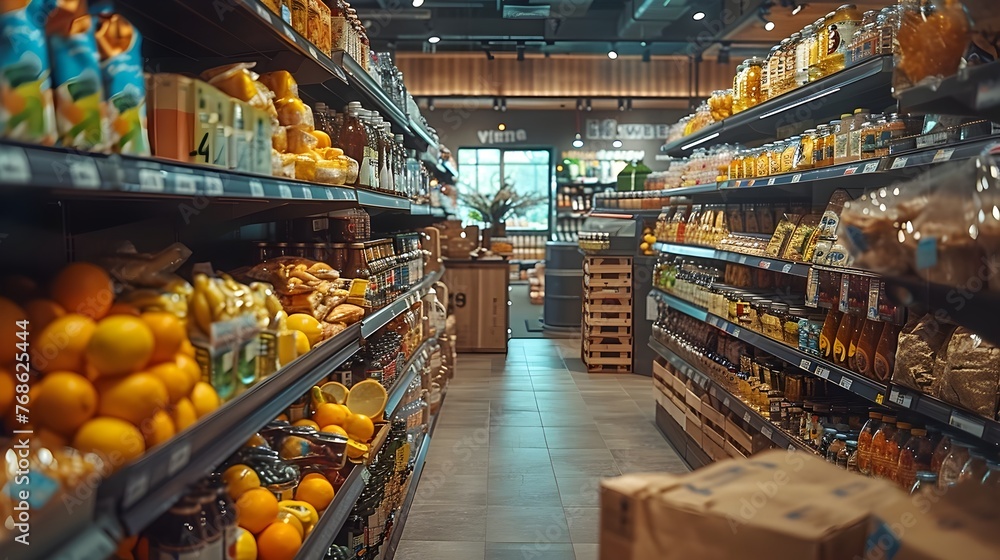 Grocery Store Shelves Brimming with Products in Modern Marketplace