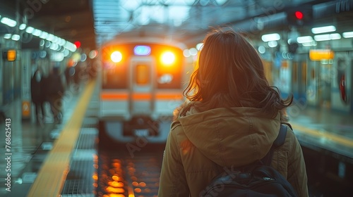Woman Waiting for Train at Tokyo Subway Station with Soft Orange Light and Cityscape Background