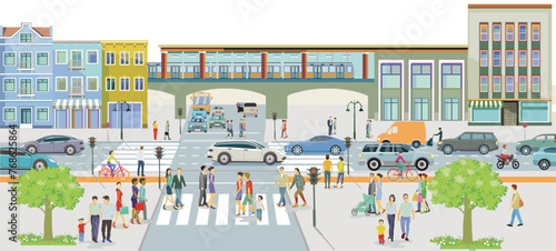 Großstadt Stadtsilhouette mit Straßenverkehr und Fußgänger auf dem Zebrastreifen, Illustration