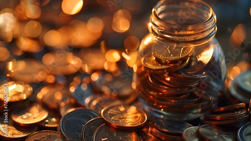 Glass Jar Filled with Golden Hour Light and Coins A Metaphor for Wealth and Prosperous Investment