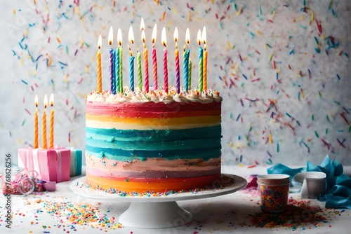 Striped buttercream birthday cake with colorful birthday candles and sprinkles