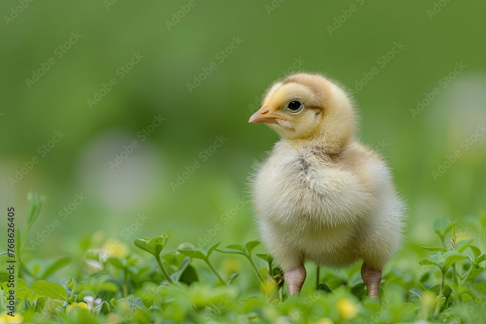 A fluffy chick surrounded by vibrant spring flowers A fluffy chick surrounded by vibrant spring flowers