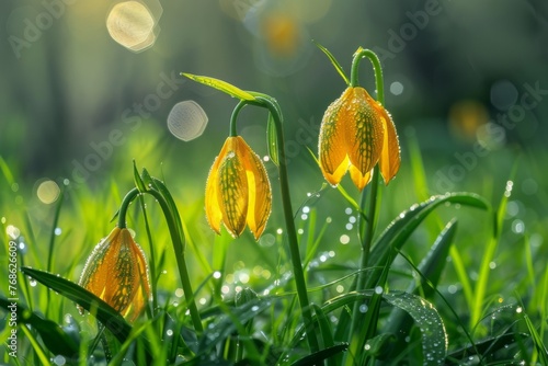 Mystical bell-shaped Fritillaria blooms amidst soft light. photo