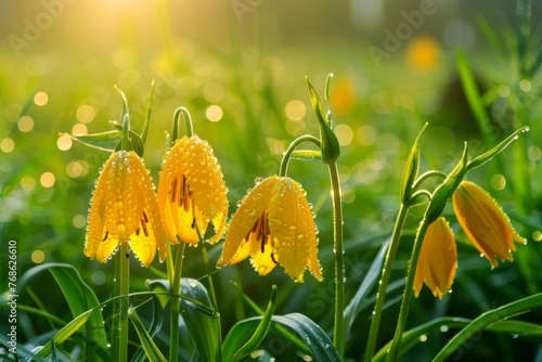 Mystical bell-shaped Fritillaria blooms amidst soft light. photo