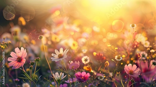 Vibrant wildflowers bask in golden sunlight.