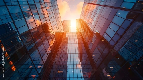 Modern Skyscrapers Sunset Reflection Symbolizing Business Success and Innovation