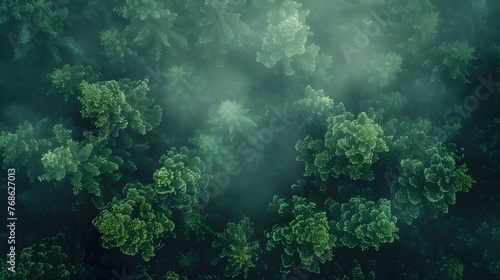 Aerial Perspective of a Harmonious Green Forest Fractal Trees in a Foggy Atmosphere