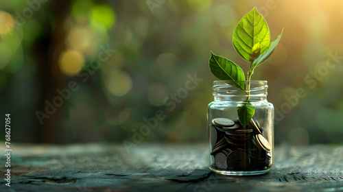 Coins in Jar with Growing Plant Symbolizing Financial Growth and Sustainability