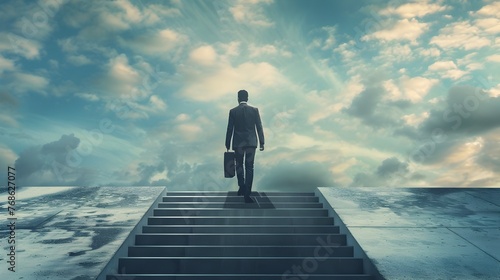 A Businessman Uplifted by the Surreal Sky on His Climb to Success and Future Business Development © prasong.