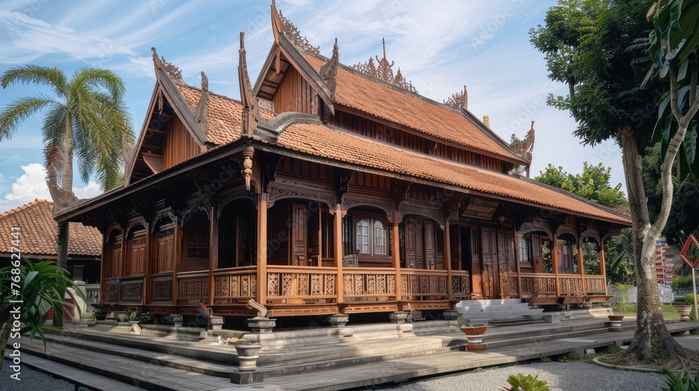 The house is wooden and has a variety of wood carving styles