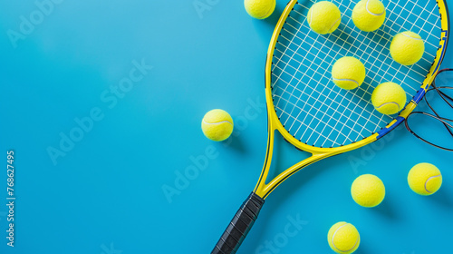 Holiday sport composition with yellow tennis balls and racket on a blue background. Generative Ai © Witri