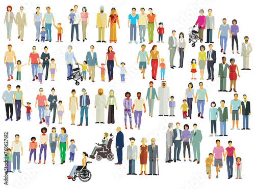 Eine große Gruppe von Eltern mit Kindern, isoliert illustration