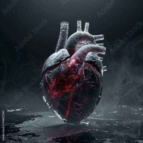 Striking image of a human heart encased in ice, with prominent red veins, against a dark, misty background.