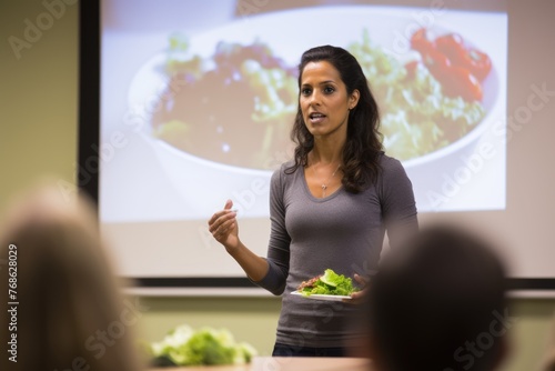 A passionate nutritionist enthusiastically explains the advantages of balanced nutrition, holding the audience's rapt attention.