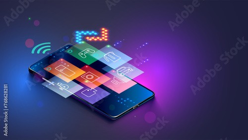 Smart home devices icons over screen phone. Smart home system isometric concept. Wireless control domestic through internet of things app on smart phone. Wireless remote control IOT technology.
