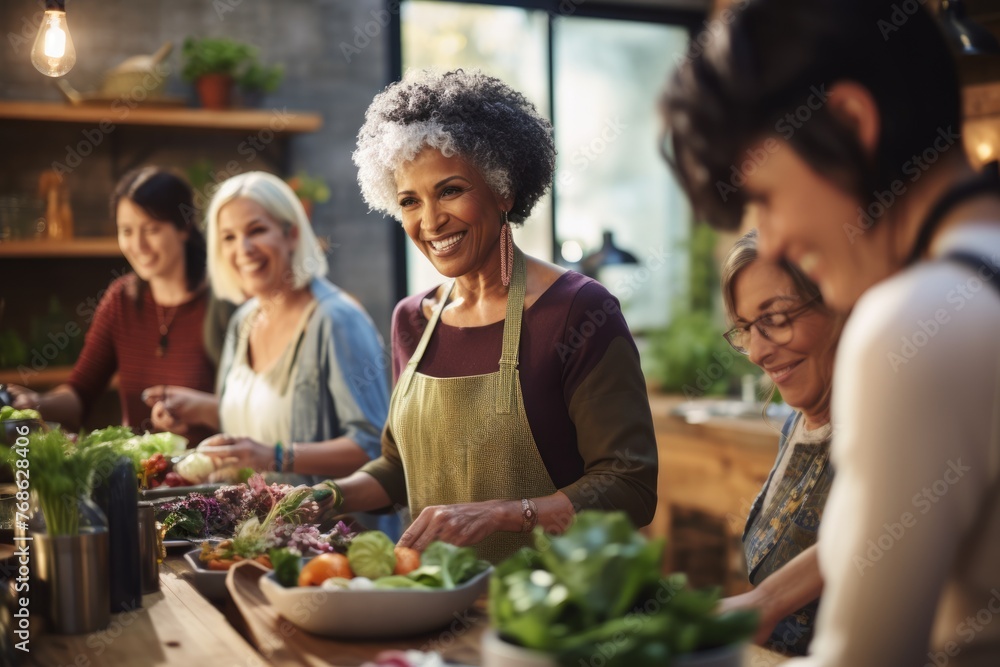 Various ages and races come together for a nutritionist-led cooking class. Her warm expertise nurtures an educational environment. Various ages and races come together for a nutritionist-led cooking class. Her warm expertise nurtures an educational environment.