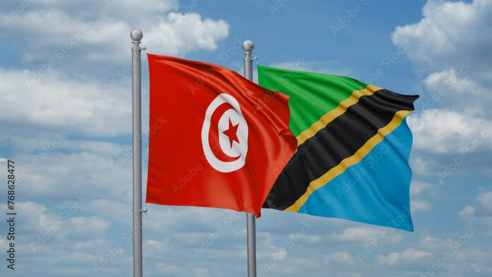 Tanzania and Tunisia two flags waving together, looped video, two country cooperation concept