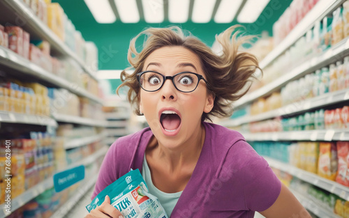 Funny woman with an surprised look running to promotion in a supermarket