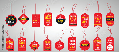 Set price tags or gift tags in different shapes.Set of labels with cord.Red discount label