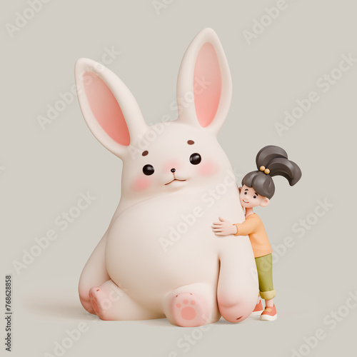 Cute kawaii excited asian smiling child girl hugging big plush toy of a fat fluffy Easter bunny. Rabbit with eyebrows, pink ears, cheeks, soft paws in sitting playful pose. 3d render in pastel colors.
