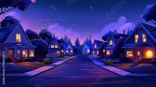 Night Scene of a Street With Houses and Trees