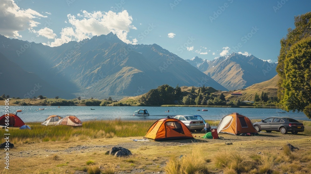 tents set up on the edge of the lake at the foot of the mountain on a sunny day. Two unknown cars stood sideways behind the tent.