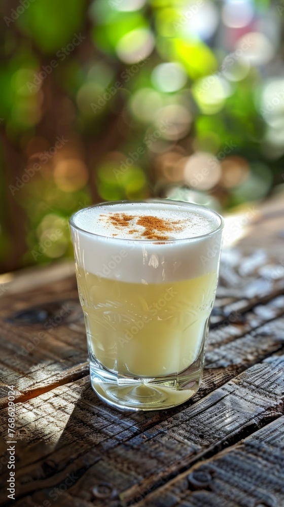 A glass of pisco sour with sits on a wooden table outdoors with hot weather A glass of pisco sour with sits on a wooden table outdoors with hot weather