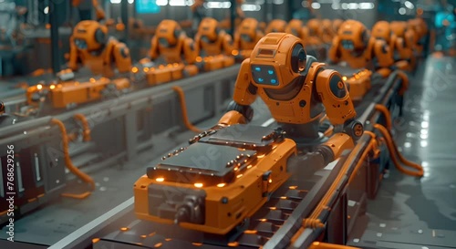 Industrial robots collaborating with human workers on the assembly line, illustrating the symbiotic relationship between AI technology and human labor in the industrial revolution photo