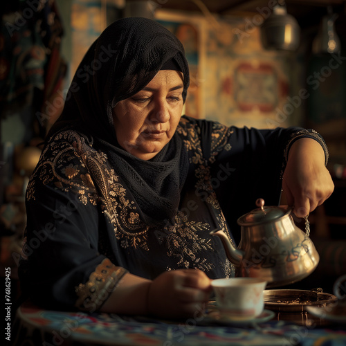 senior arab woman pouring coffee from the pot into a cup photo