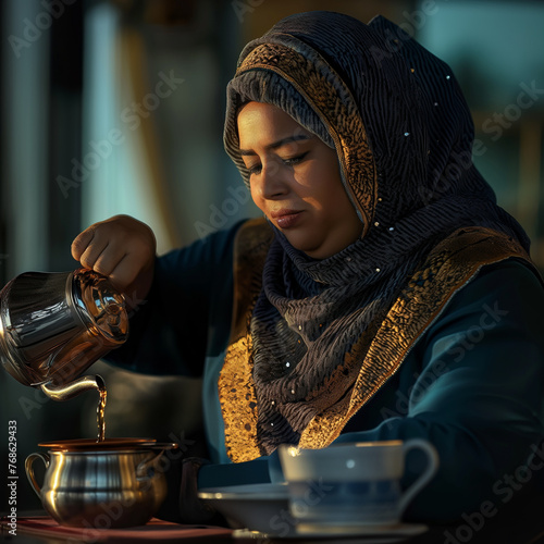 arab plus size woman pouring coffee from the pot into a cup photo