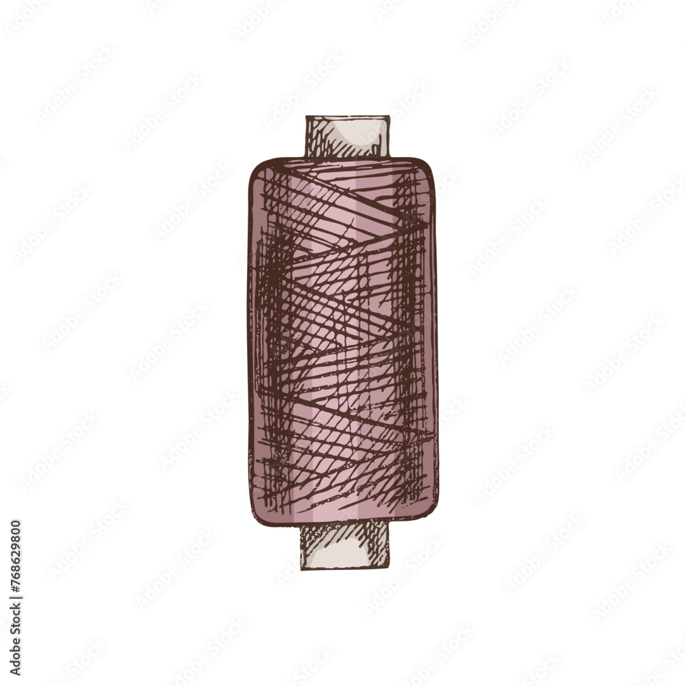 Hand-drawn colored sketch of skein of thread. Handmade, sewing equipment concept in vintage doodle style. Engraving style. Hand-drawn colored sketch of skein of thread. Handmade, sewing equipment concept in vintage doodle style. Engraving style.