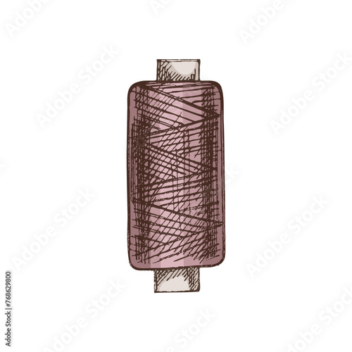 Hand-drawn colored sketch of skein of thread. Handmade, sewing equipment concept in vintage doodle style. Engraving style.