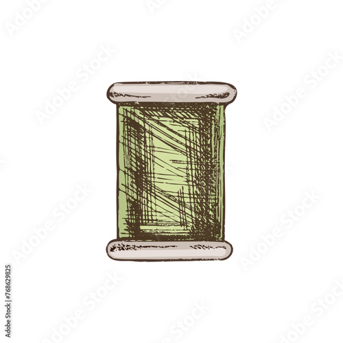 Hand-drawn colored sketch of skein of thread. Handmade, sewing equipment concept in vintage doodle style. Engraving style.