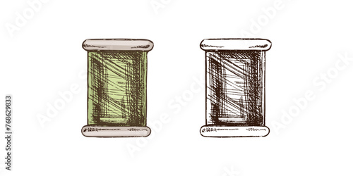 Hand-drawn colored and monochrome sketches of skein of thread. Handmade, sewing equipment concept in vintage doodle style. Engraving style.