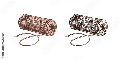 Hand-drawn colored and monochrome sketches of skein of thread. Handmade, sewing equipment concept in vintage doodle style. Engraving style.