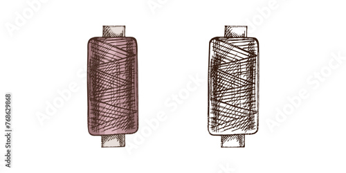 Hand-drawn colored and monochrome sketches of skein of thread. Handmade, sewing equipment concept in vintage doodle style. Engraving style.