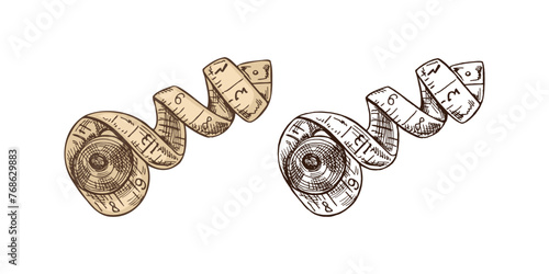 Hand-drawn colored and monochrome sketches of tailor's measuring tape. Handmade, sewing equipment concept in vintage doodle style. Engraving style.