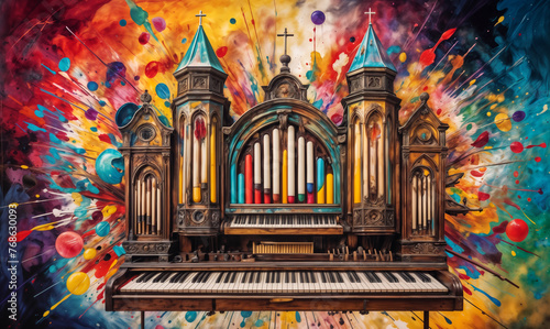 old pipe organ with a colorful, abstract painting as the background. The organ has a castle-like design with colorful towers and a crucifix on top. The paint strokes are in vibrant colors photo