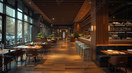 A very modern and large restaurant area. Dark wooden furniture. Generative AI.