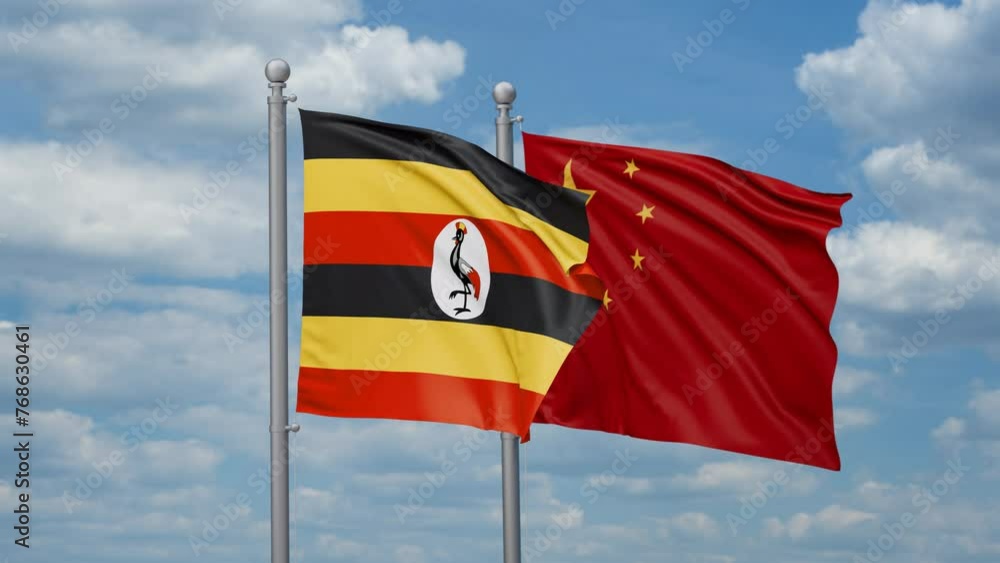China and Uganda two flags waving together, looped video, two country relations concept China and Uganda two flags waving together, looped video, two country relations concept