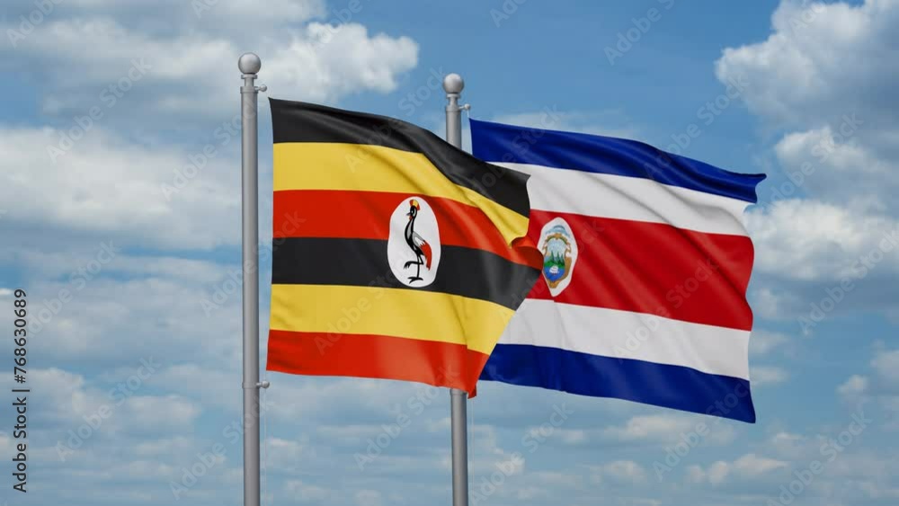 Costa Rico and Uganda two flags waving together, looped video, two country cooperation concept Costa Rico and Uganda two flags waving together, looped video, two country cooperation concept