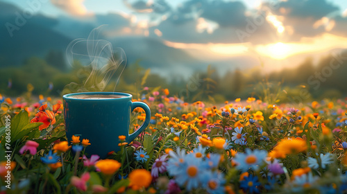 Cup of Coffee in a Field of Flowers