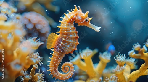 A seahorse daddy is looking after his babies, coral reef, blue sea. Generative AI.
