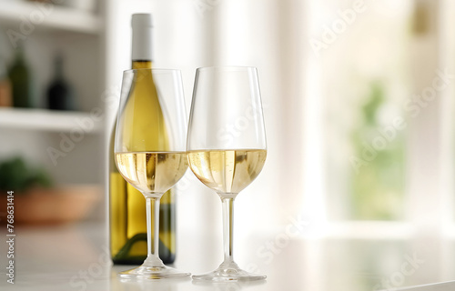 Pouring red white from bottle into glass on blurred background photo