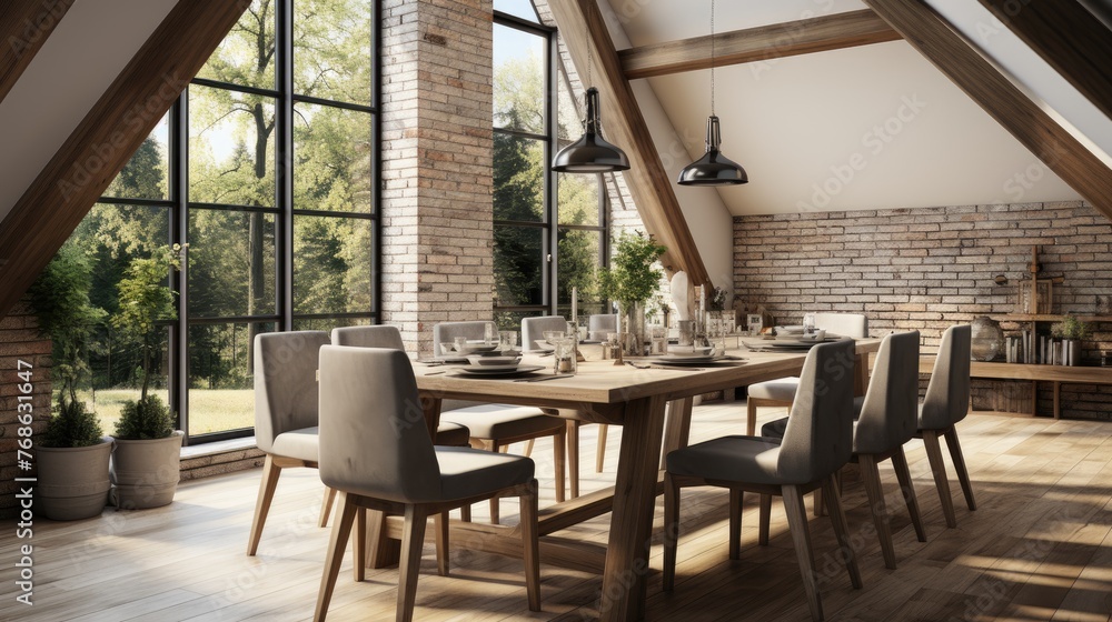 A large dining room with a long wooden table and many chairs. The room is filled with natural light and has a warm, inviting atmosphere